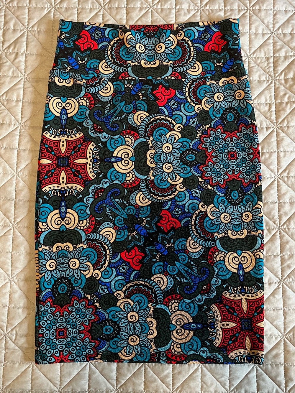 LuLaRoe Paisley & Medallion Pencil Skirt in Blue, Red, Cream
